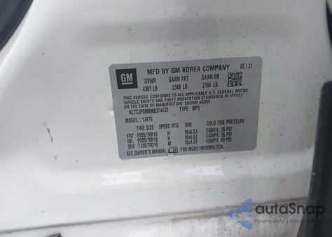 2021 Chevrolet Trax Awd Lt from USA, damaged, VIN KL7CJPSM8MB374432